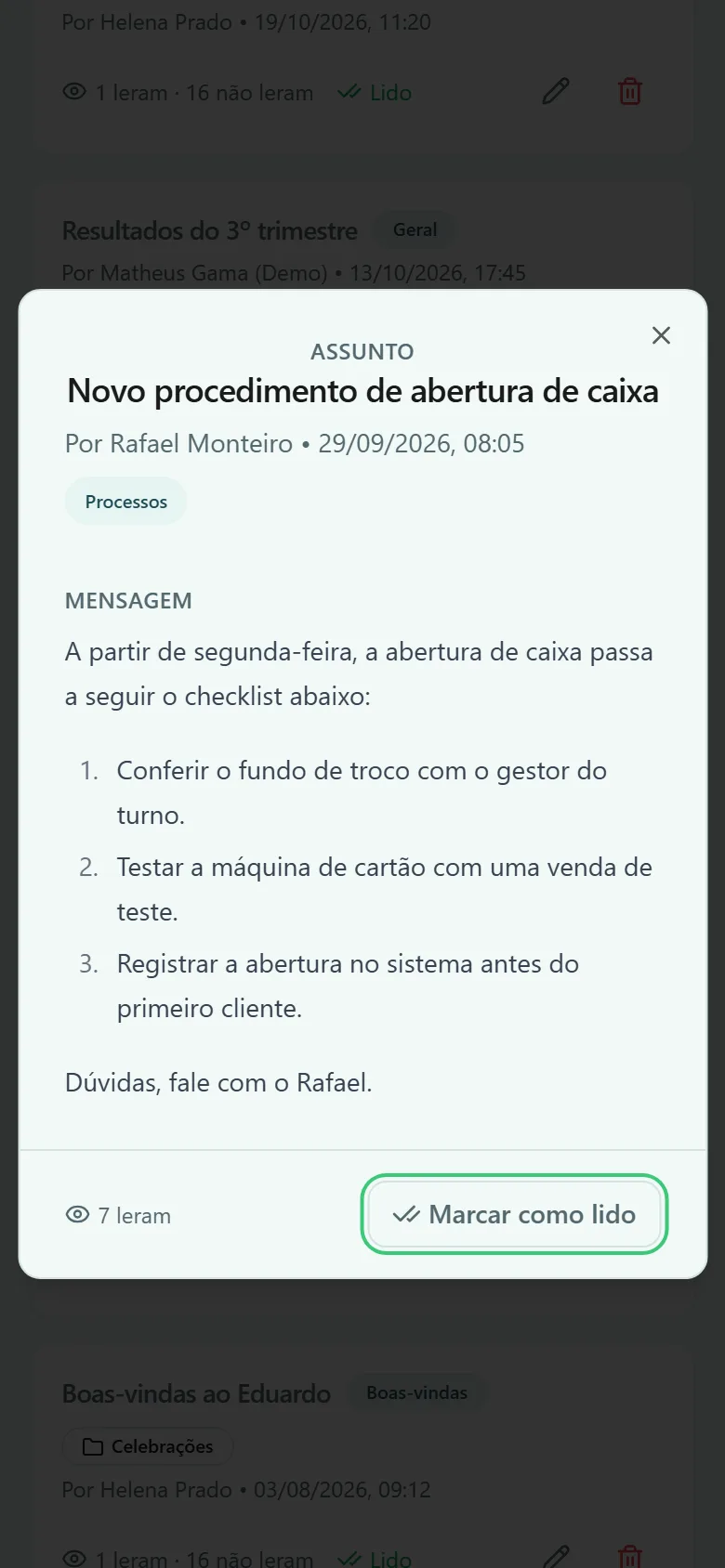 Comunicado aberto no celular com o botão Marcar como lido