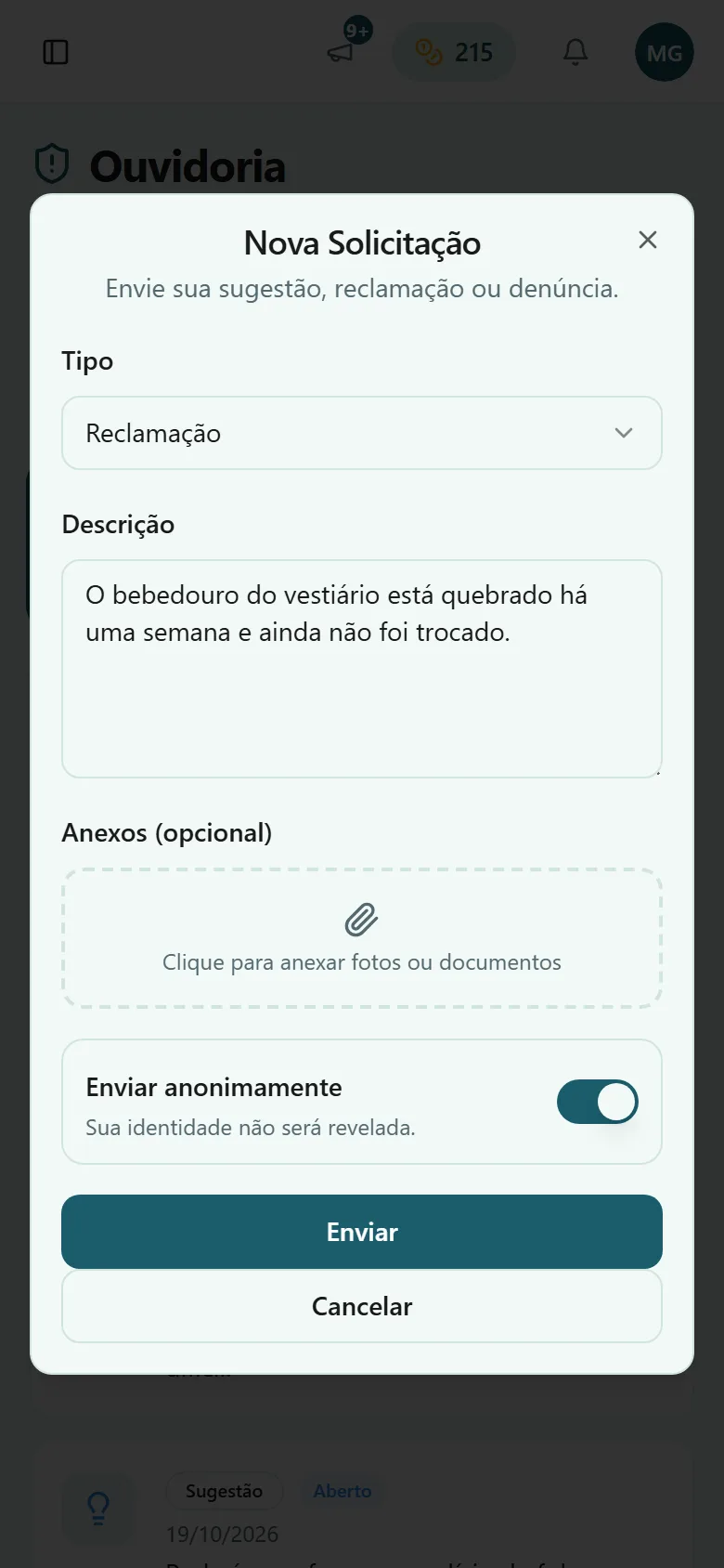 Formulário de nova solicitação da ouvidoria com a opção Enviar anonimamente