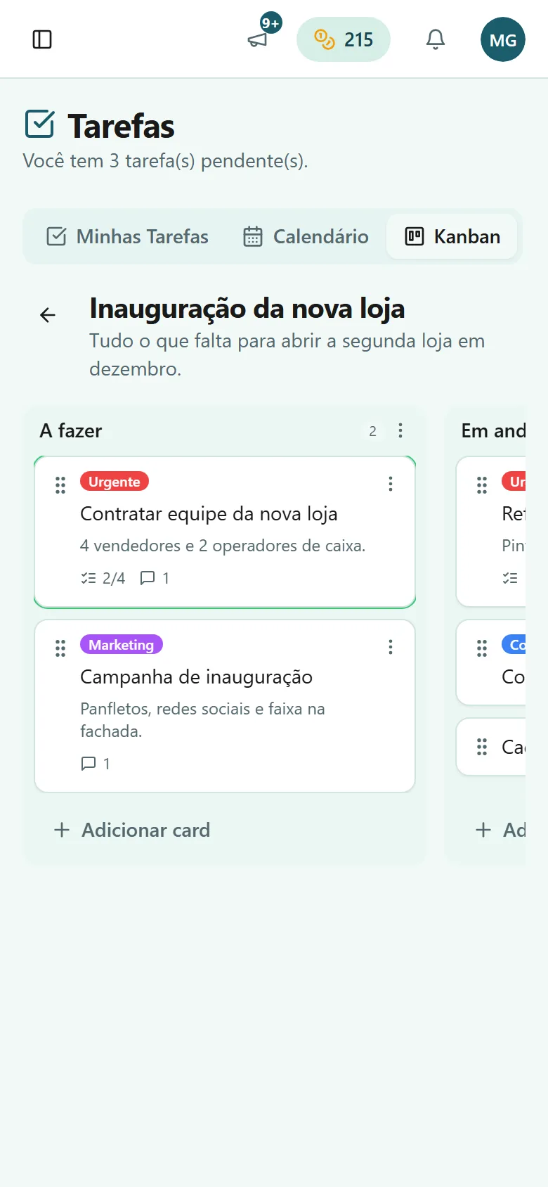 Quadro de tarefas no celular, com cartões nas colunas A fazer e Em andamento