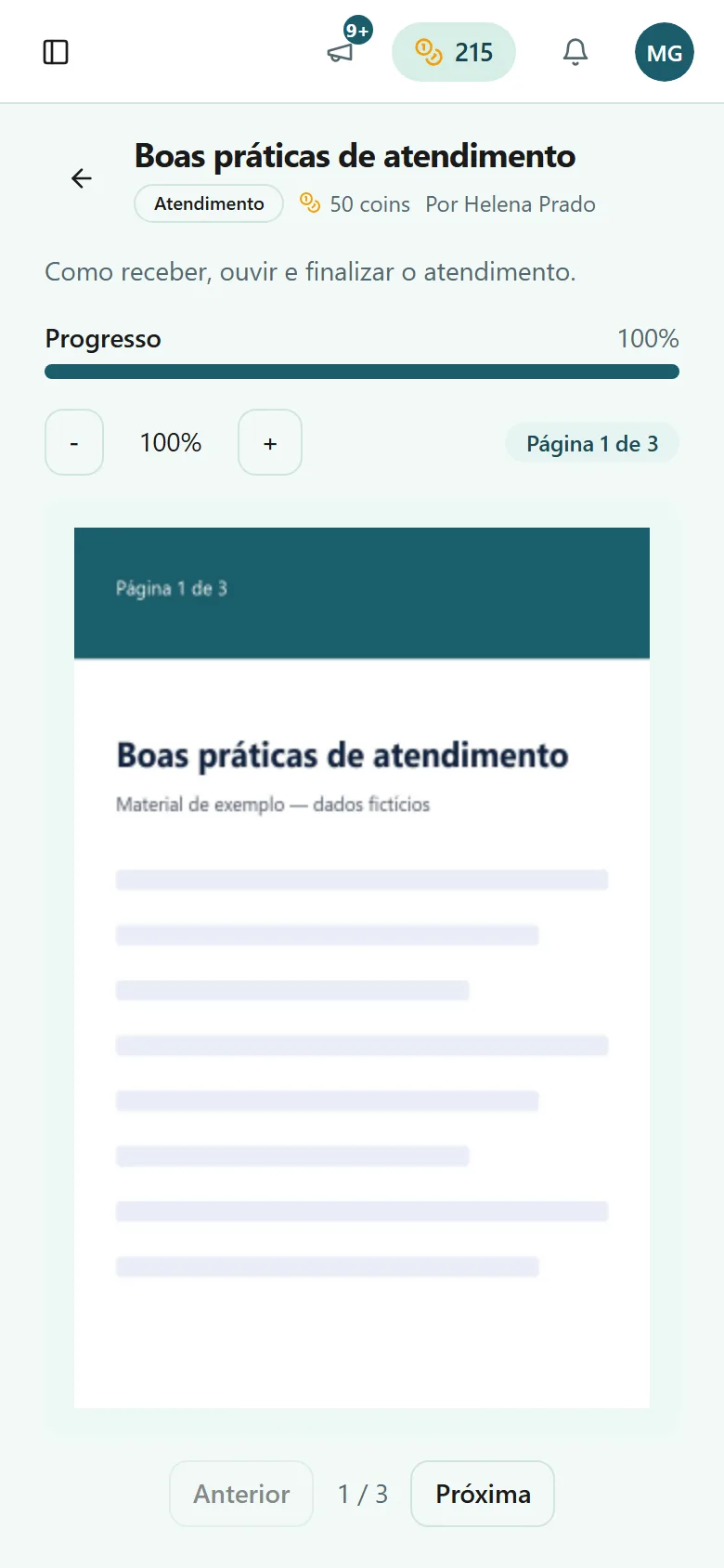 Treinamento em PDF aberto no celular com a barra de progresso
